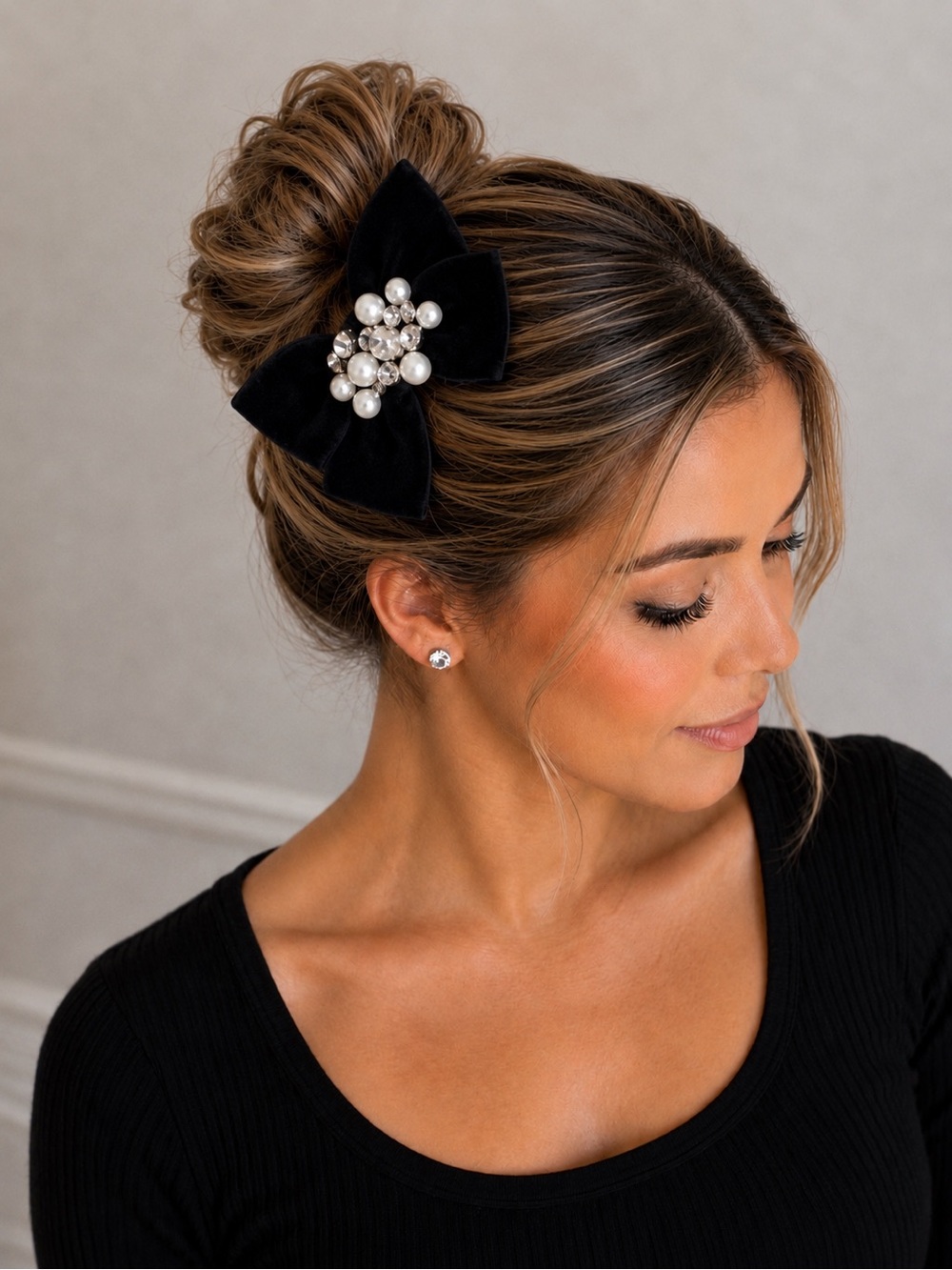 Black Velvet Bow Hair Clip with Pearl Cluster - Women Accessories 4”